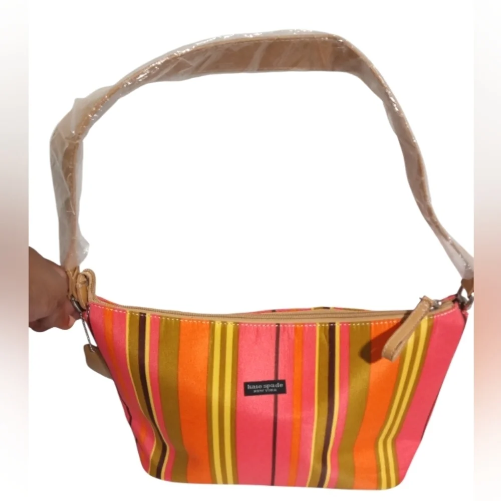 Kate Spade New York Striped Shoulder Bag Pink Orange Canvas Zip Tote